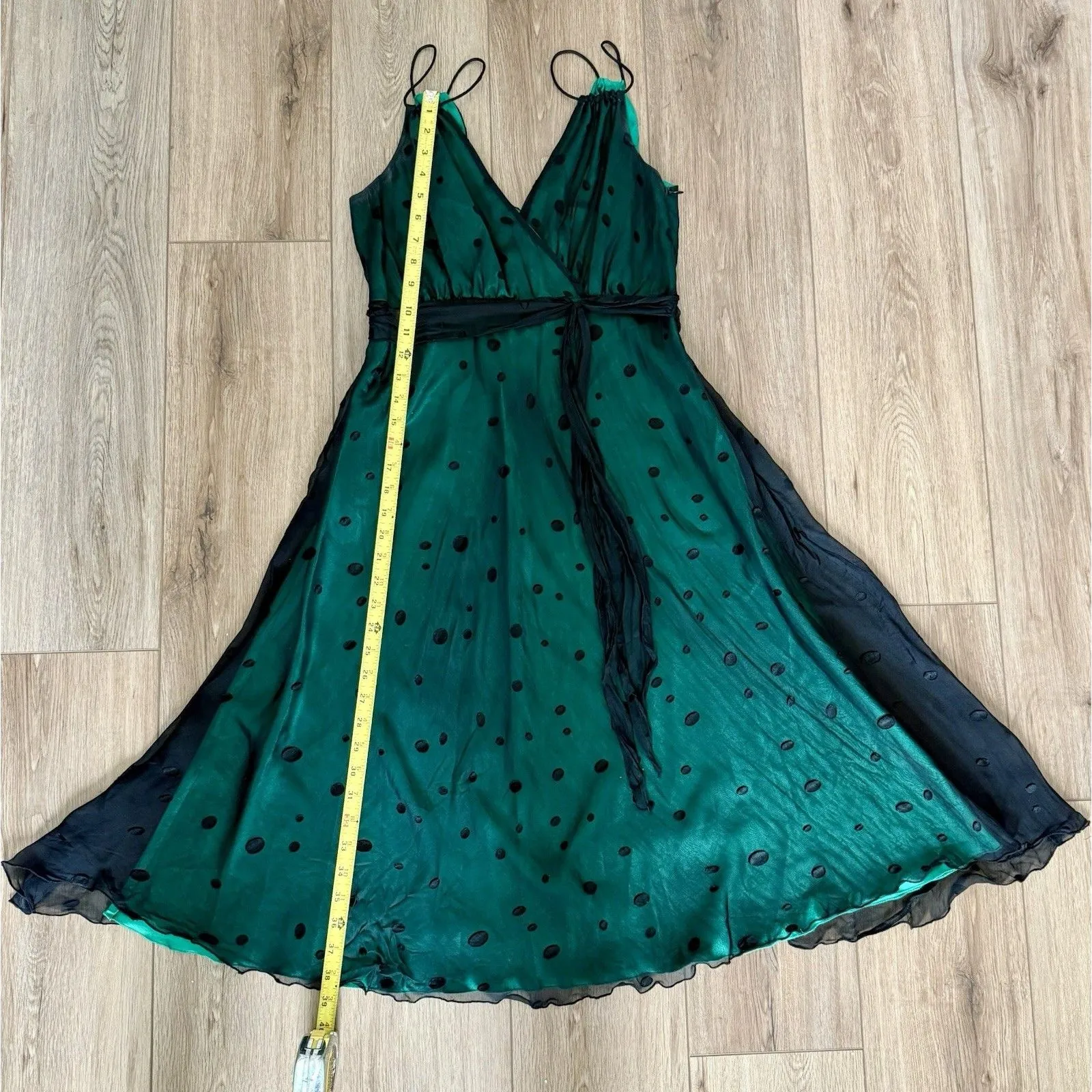 VTG Y2K Jonathan Martin Sill Dress Emerald Green black sheer mesh polka dot S6 - Image 3