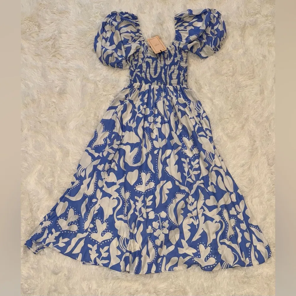 NWT LA LIGNE Lola Floral Silk Midi Dress In French Blue/ Ivory White Size M - Image 7