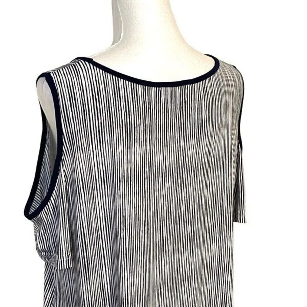 ELLE Women's Shift Dress Cold Shoulder Short Sleeve Striped Midi Large Navy Blue - Image 5