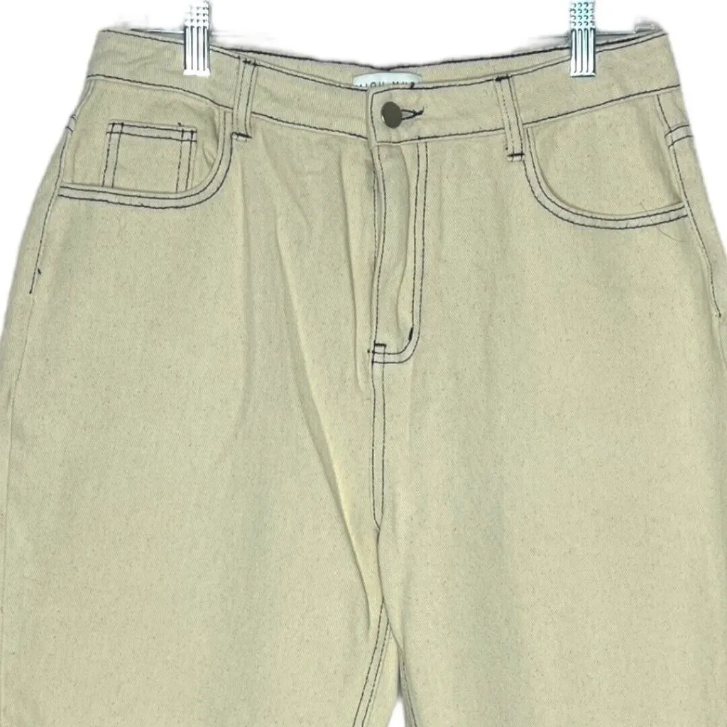 Miou Muse Women’s Jeans Size XL Ivory Stitched Washed Denim Fray Bottom Cuffed‎ - Image 3