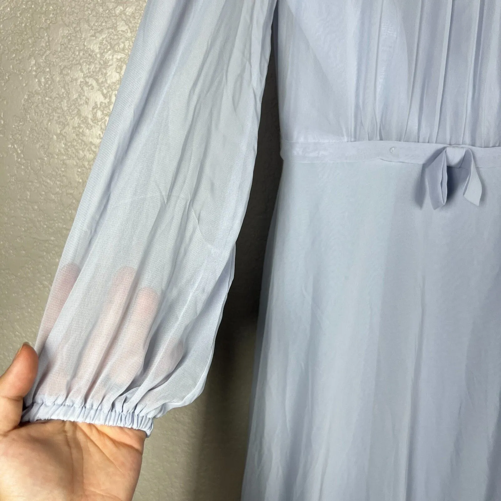 Dessy Collection Blue Silver Chiffon Gown Size 0 Dress Puff Sleeve Cottagecore - Image 3