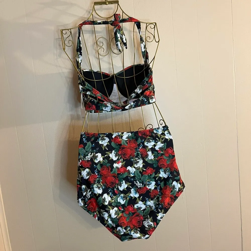 Cherry Cat XL Vintage Retro Floral High Waisted Underwire Bikini Two Piece Red - Image 4