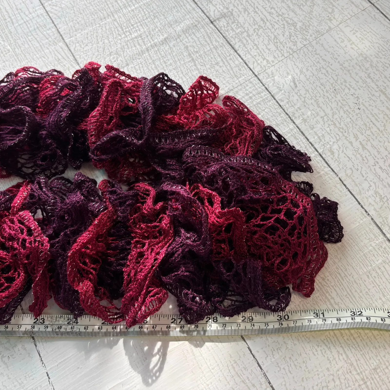 Handmade Crocheted Ruffle Red and Purple Scarf With Silver Thread Accents - Image 4
