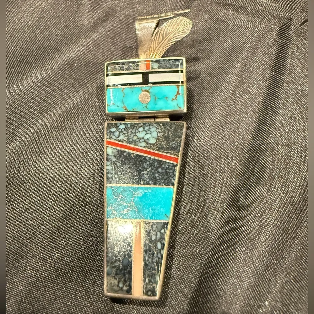Larry M Chavez Navajo sterling High grade turquoise, Coral yei pendant Blue - Image 2