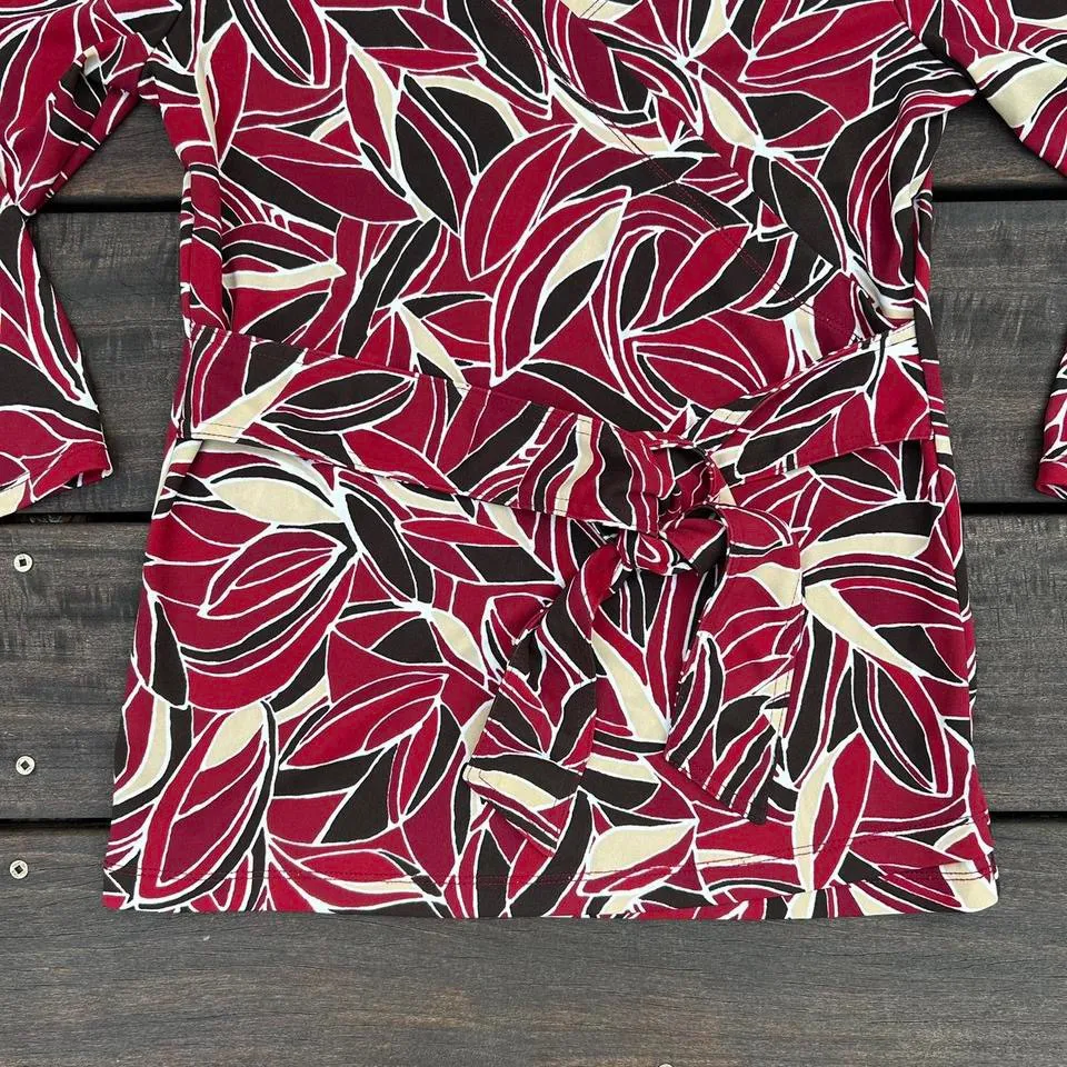 Red/Brown Sigrid Olsen Long Sleeve Stretchy Tie Front V-Neck Top w/ Leaf Design - Image 2