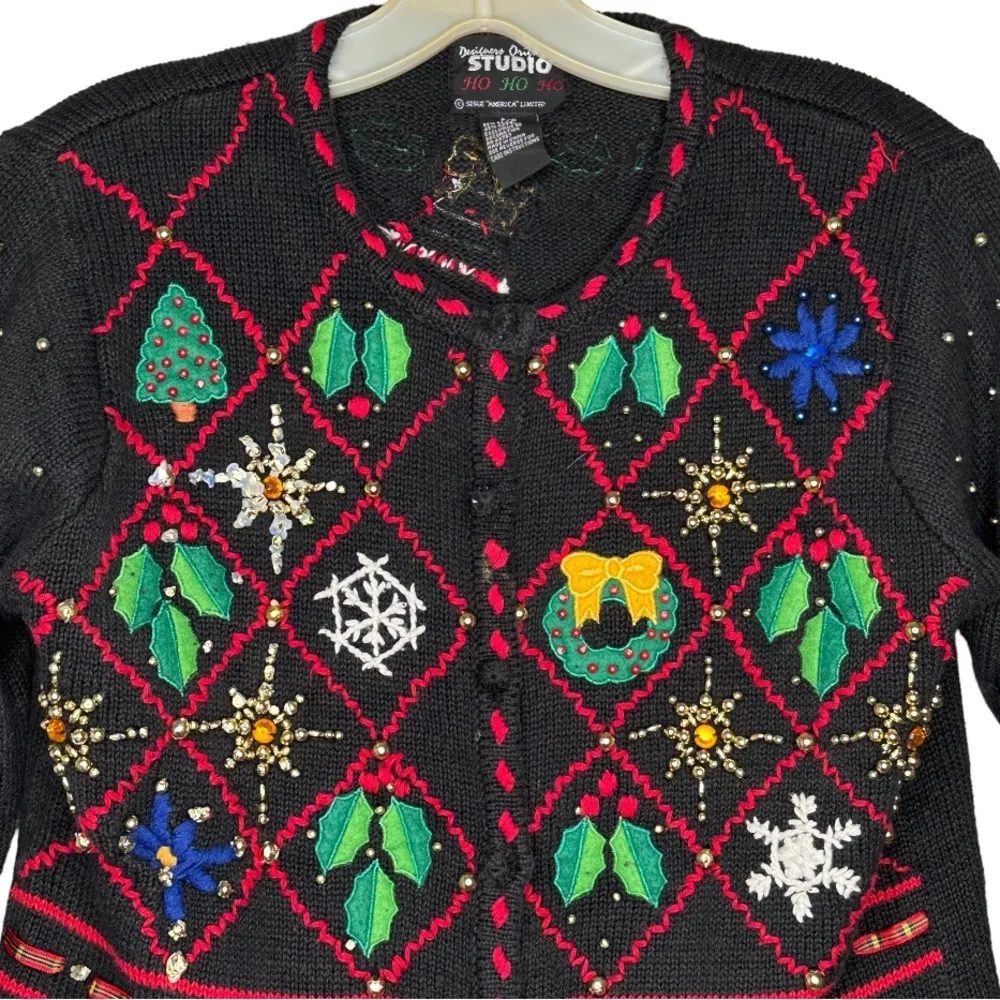 Vintage Designers Originals Studio Ho Ho Ho Christmas‎ Cardigan Sweater Black - Image 2