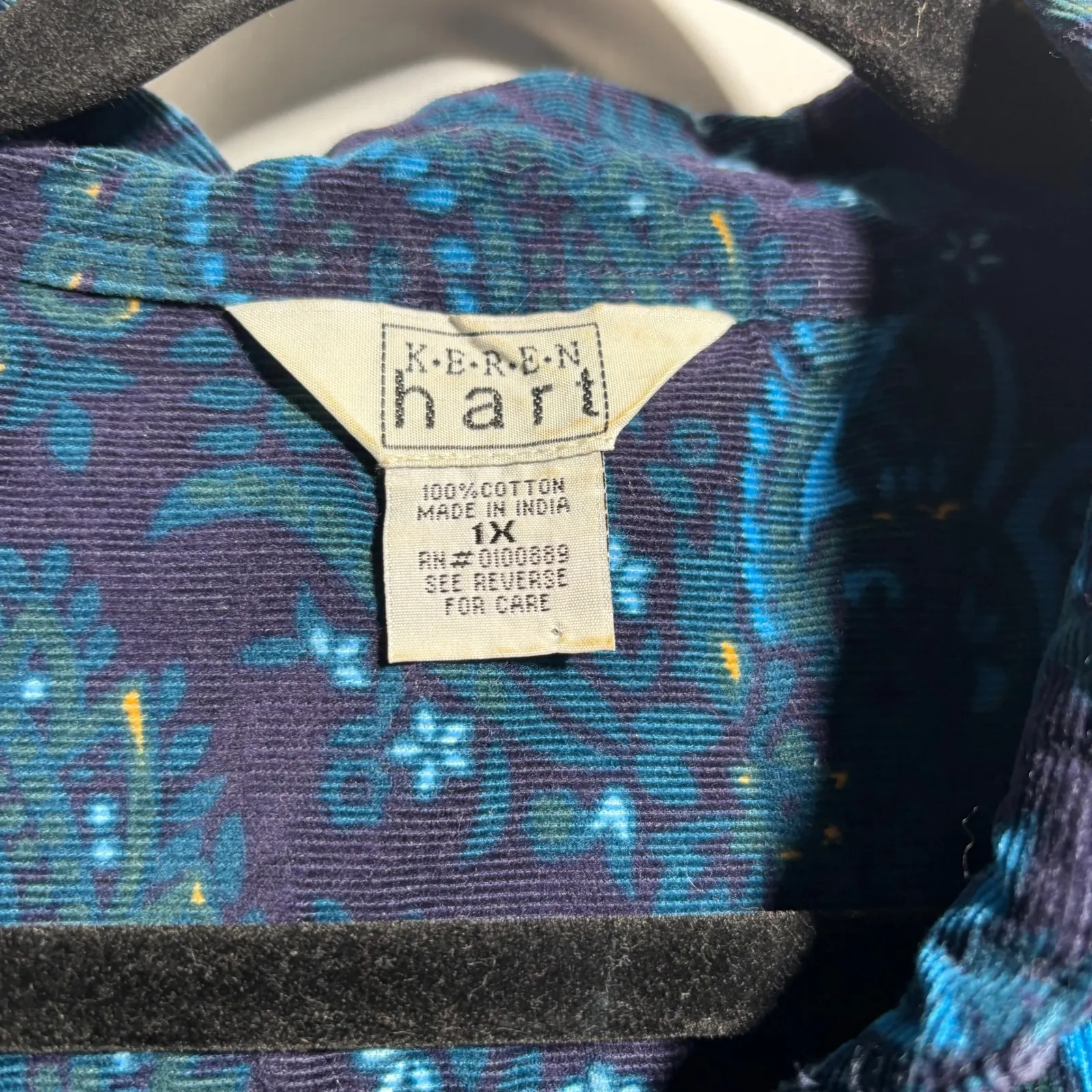 VTG Blue Corduroy Paisley Button Up Blouse 1X Long Sleeve Boho Fairy Grunge Top - Image 3