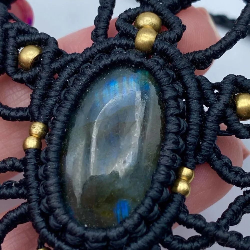 Labradorite Macramé Celine Floral Mandala Brass Boho Necklace Blue - Image 6