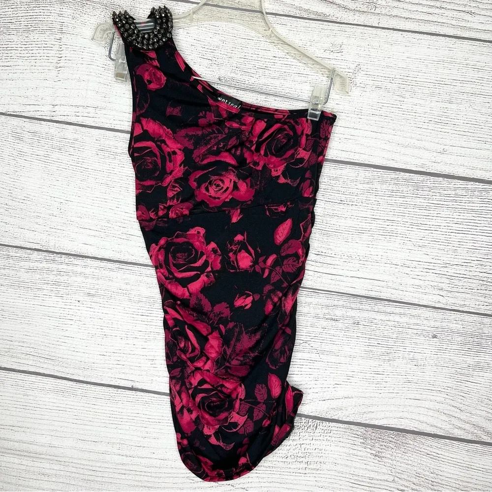 Vintage Y2K Black & Pink Floral One-Shoulder Ruched Side Top Size XS Wet Seal - Image 9