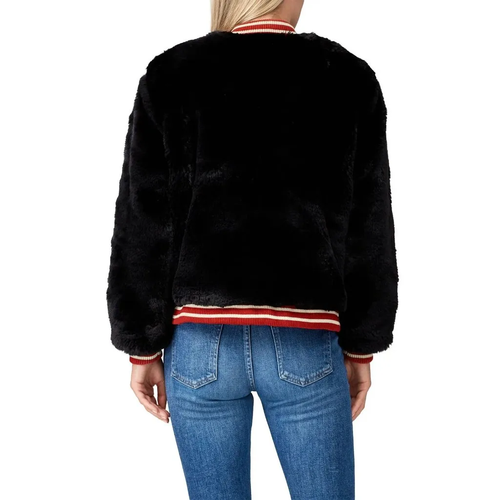 Cleobella Maddox Faux Fur Bomber Jacket Black Red Medium Mob Wife Gameday Glam - Image 8