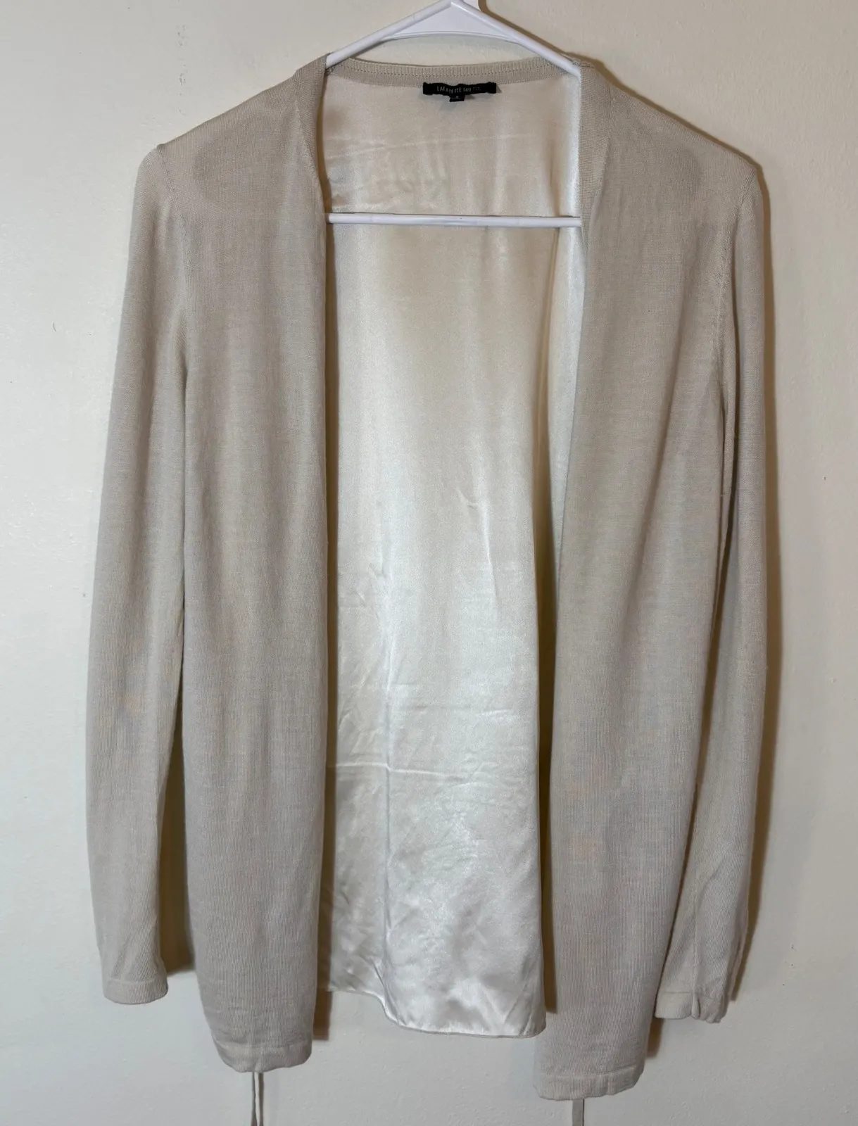 Lafayette 148 Silk Cashmere Open Front Belted Cardigan Sweater Beige Small Tan - Image 1