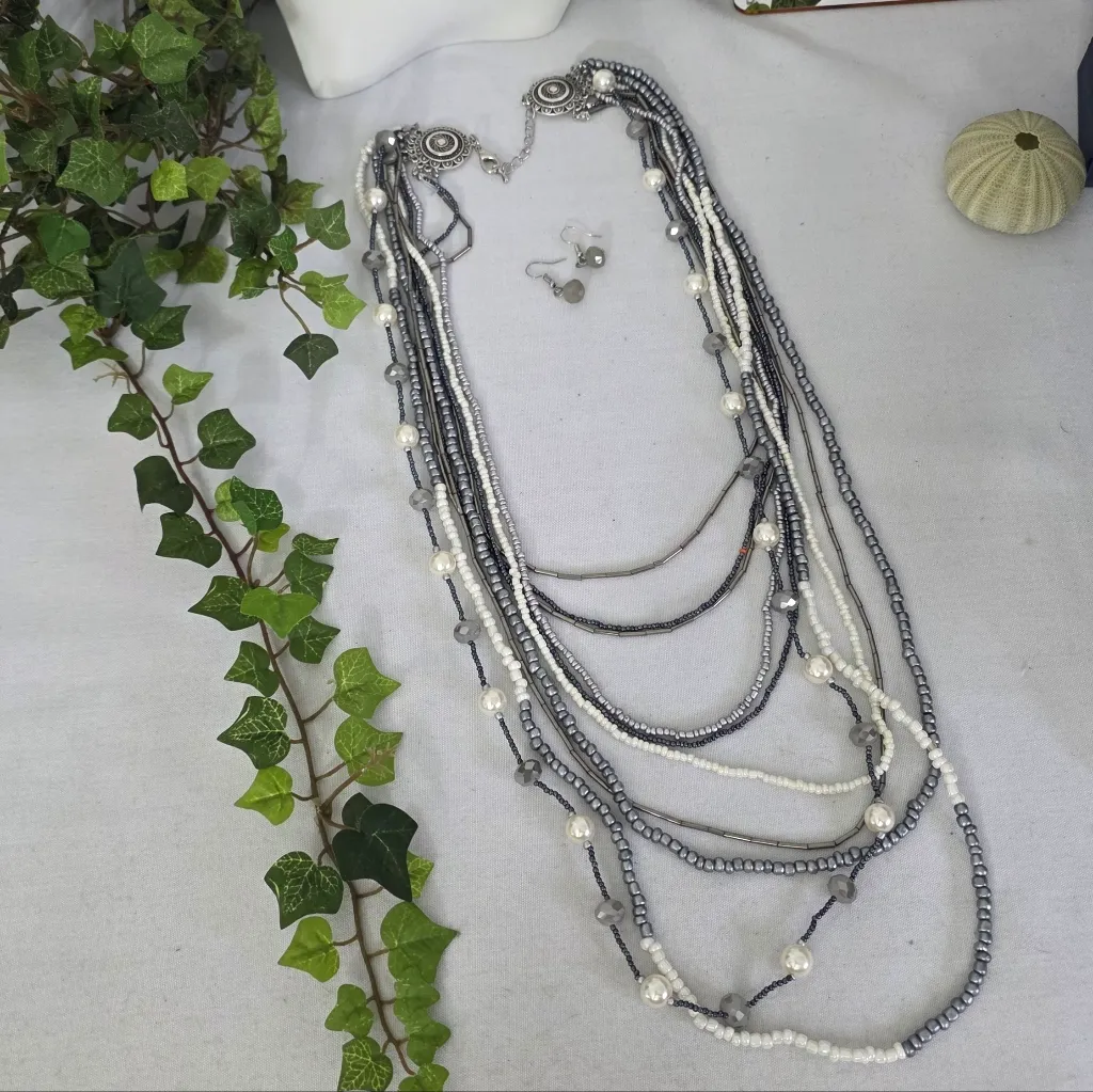 Silver Statement Long Multi Strand Necklace and Earrings Set - Image 3