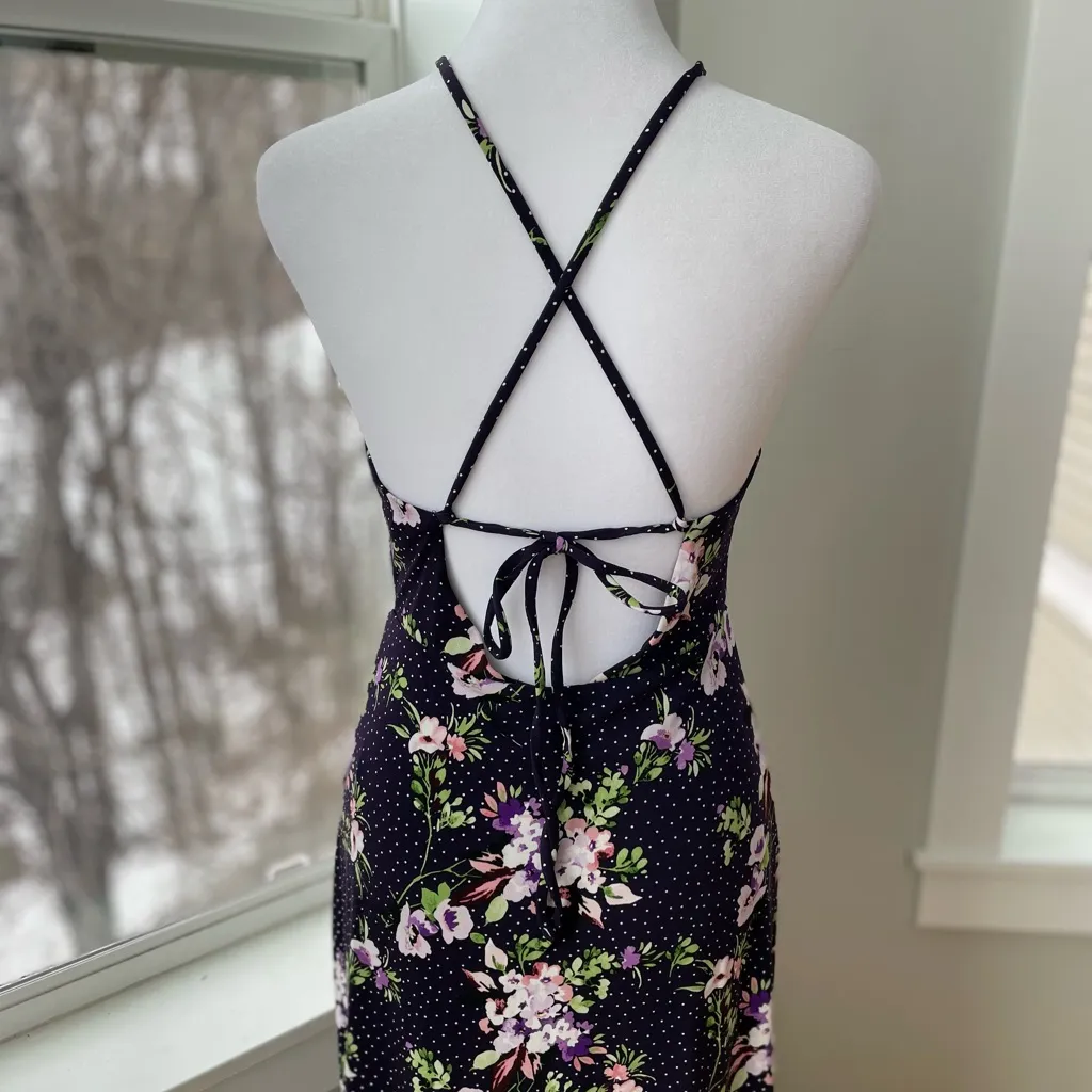 EXPRESS Dark Purple Floral Polka Dot Print Tie Back Backless Maxi Dress Size XS - Image 10