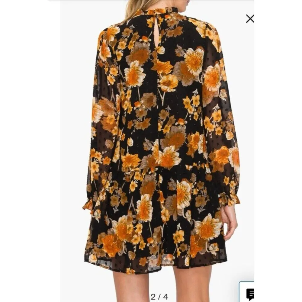 Melloday Black Muti-color Sheer Floral Print Pleated Long Sleeve Mini Dress Sz L - Image 2