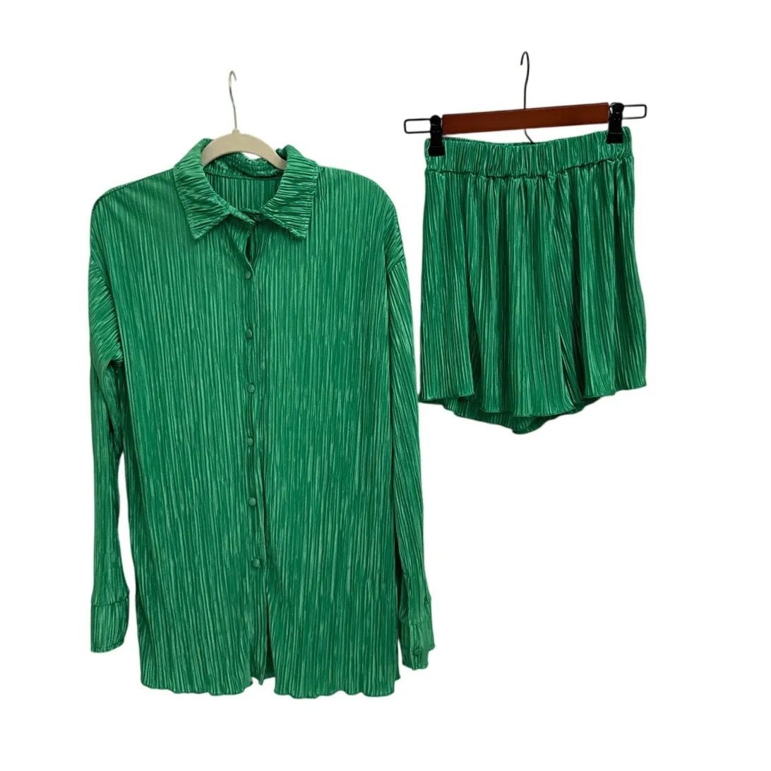 Matching Set Kelly Green 2 Piece Ruched Flowy Casual Holiday Outfit Size Small - Image 2