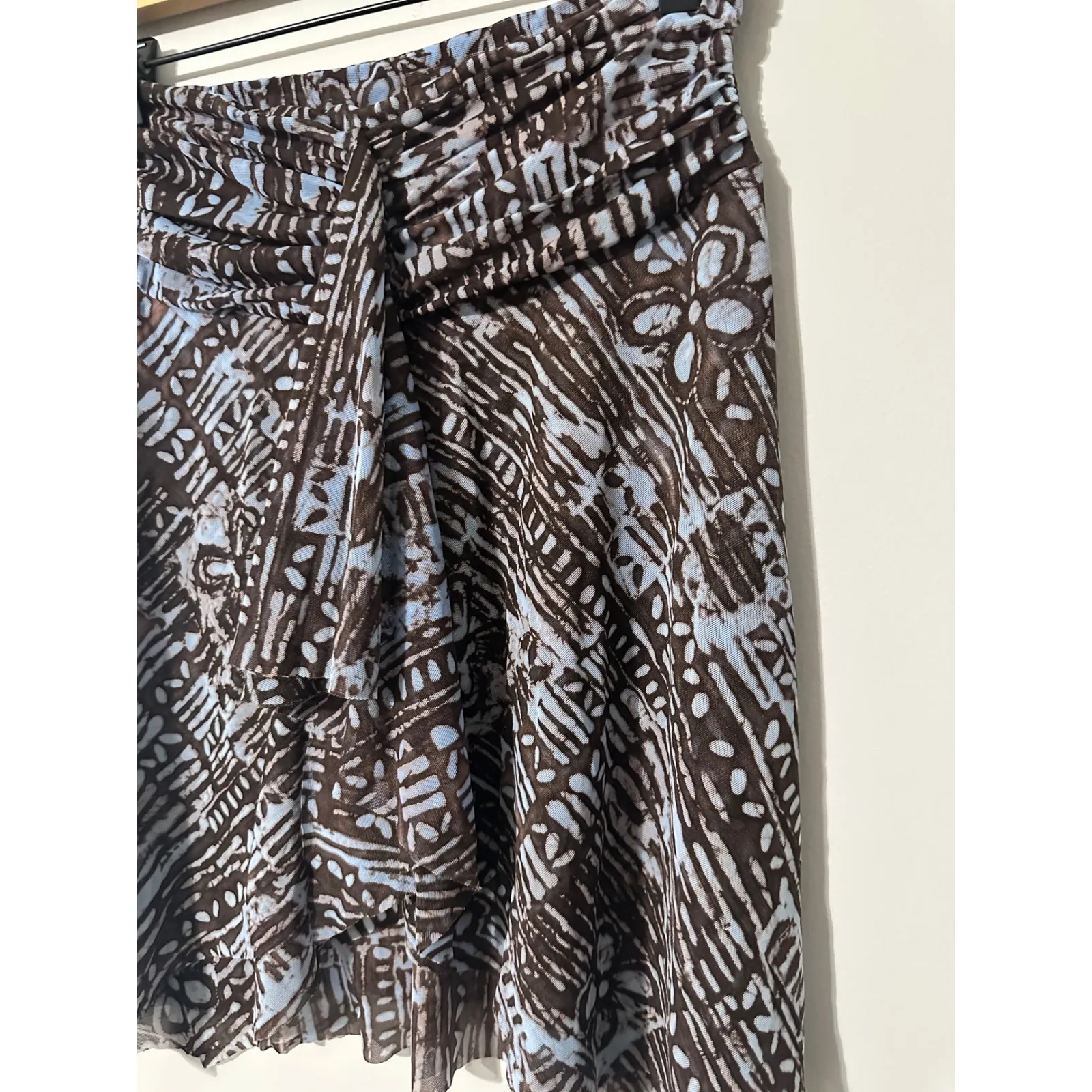 Profile‎ Gottex S Brown Blue Abstract Print Ruched Tie Front Mesh Skirt Cover Up - Image 2