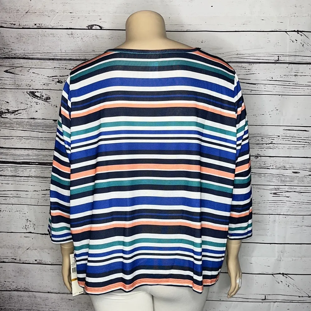 Ruby Rd. Woman NWT Size 3X Blue Stripe Keyhole Tie Hemline Knit Top Blouse - Image 4