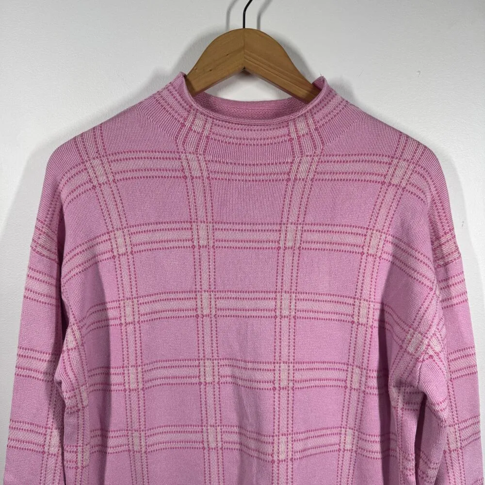 Free Assembly Sweater Women M Pink Plaid 3/4 Sleeve Mock Neck Square Sweater Size M - Image 3