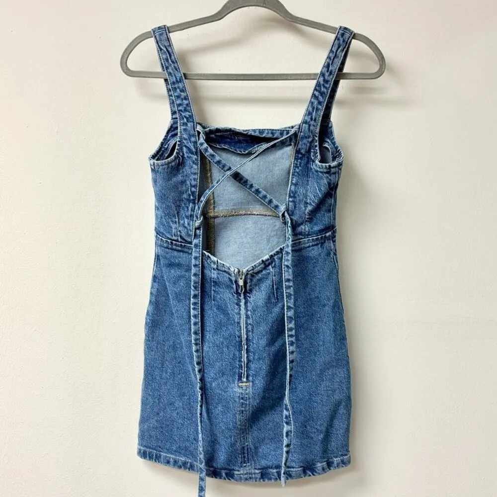Zara Sleeveless Square Neck Crossback Strap Denim Mini Dress Blue Women's Size S - Image 4