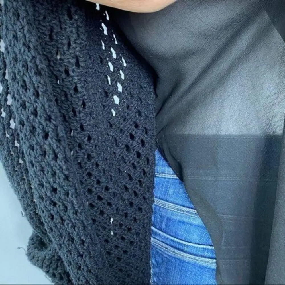 Bar III Black V Neck Knit Sweater Sheer Back Overlay Long Sleeve Goth Womens L - Image 5