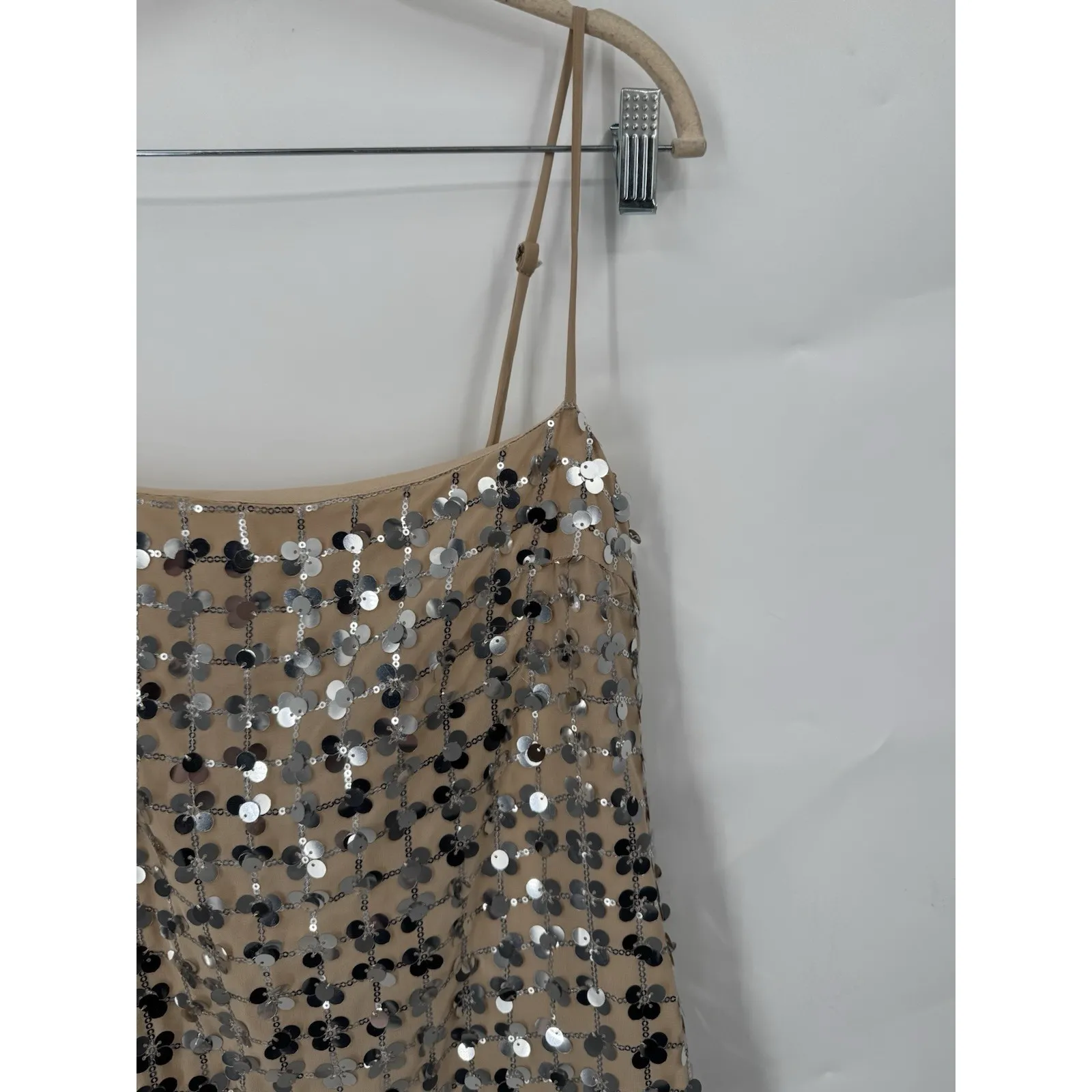 Zara Sequin Mini Dress Women Medium Tan Festival Retro Preppy New Year Glam - Image 9