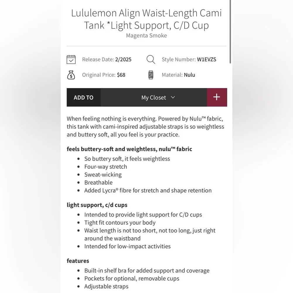 Lululemon NWT Align Waist Length Cami Tank  Top Magenta Smoke Size 14 - Image 5