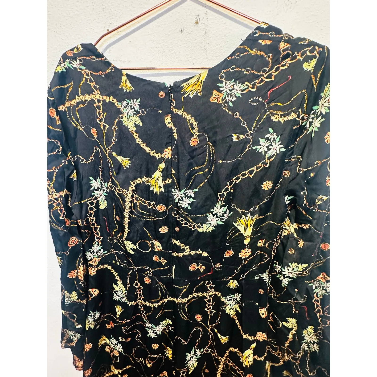 FAME & PARTNERS Black Gold Tassels Chains Print Bell Sleeved Ceramic Gown US 12 - Image 11