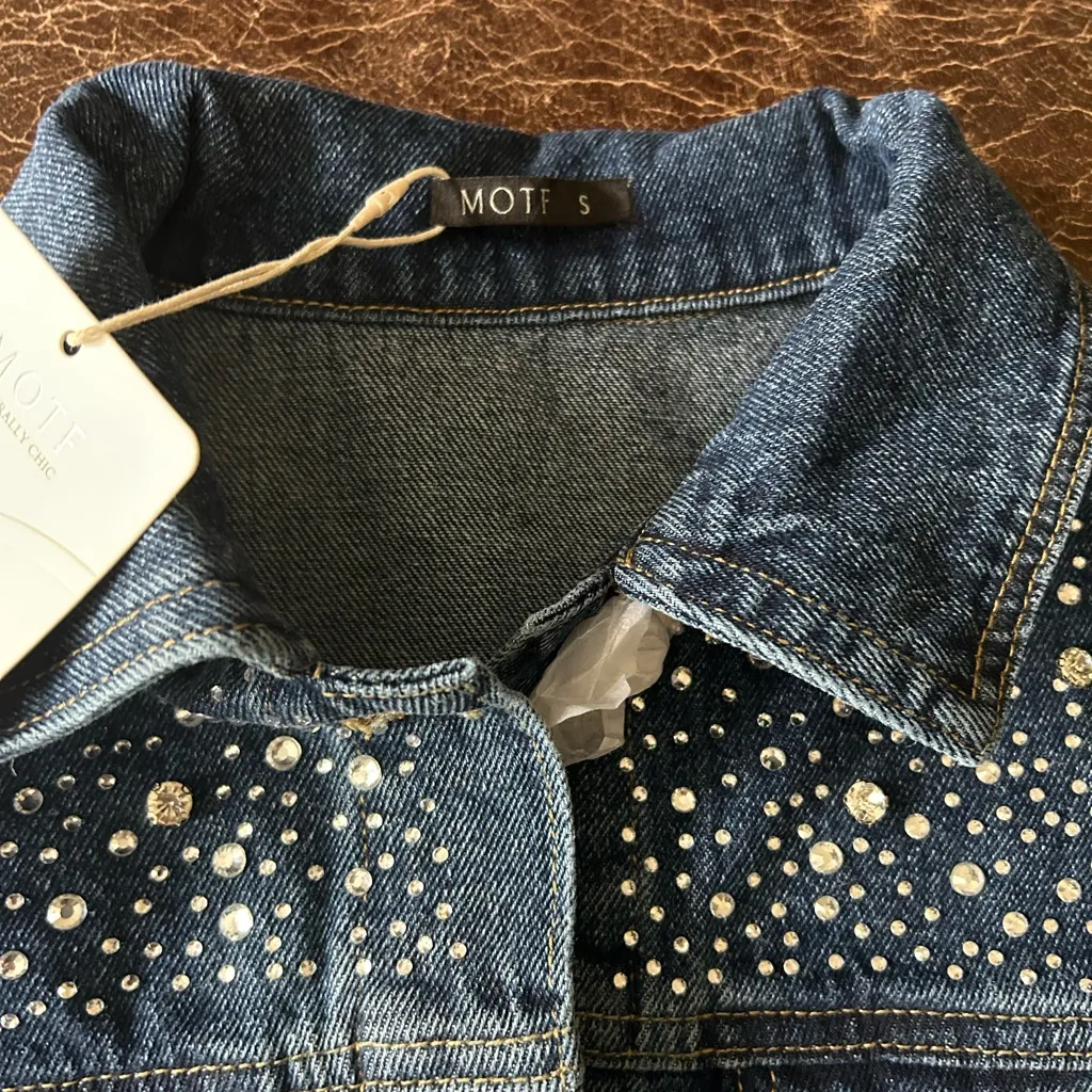 Shein MOTF Studio Rhinestone Studded Cropped Denim Button Up Jacket - Image 8