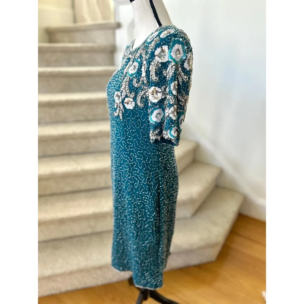 Vintage Teal Blue & Silver Beaded Floral Silk Sheath Dress Size 12 - Image 2
