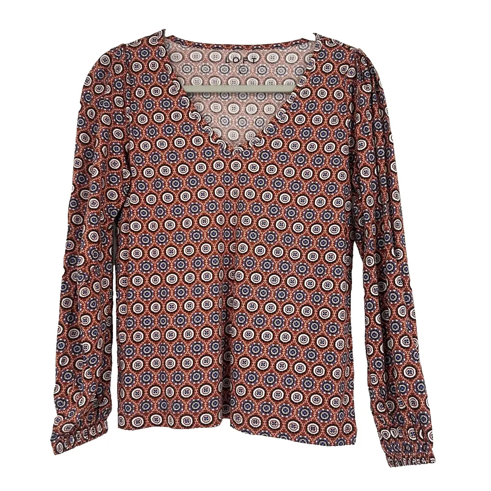 NEW LOFT Medallion Pleated V Neck Long Balloon Sleeve Tee Shirt Orange Size S - Image 2