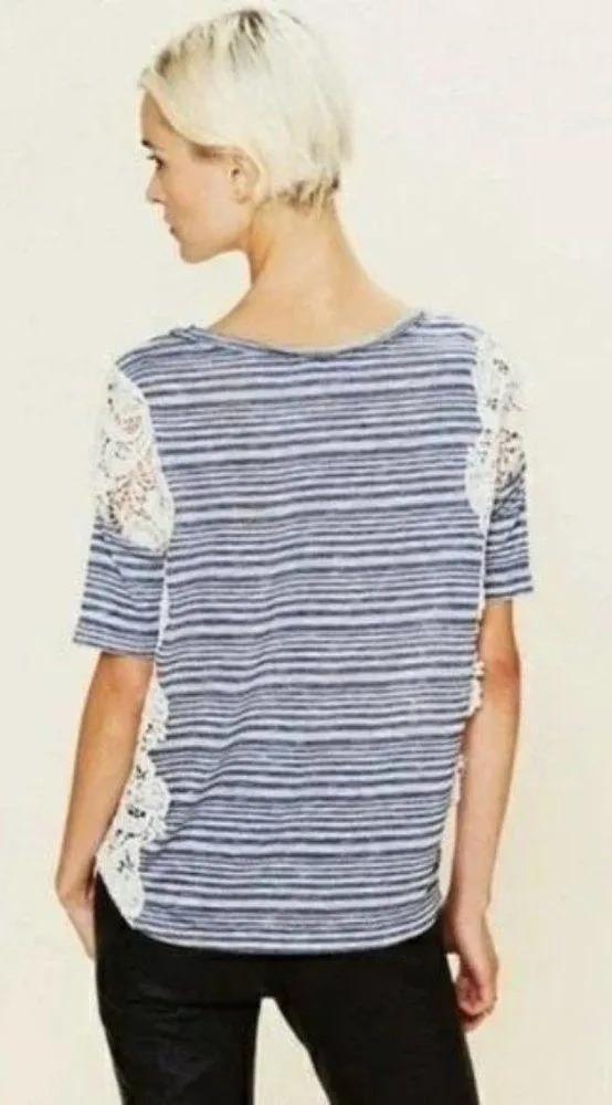 Free People We the Free Blue Stripe Battenburg Lace Short Sleeve Top S - Image 2