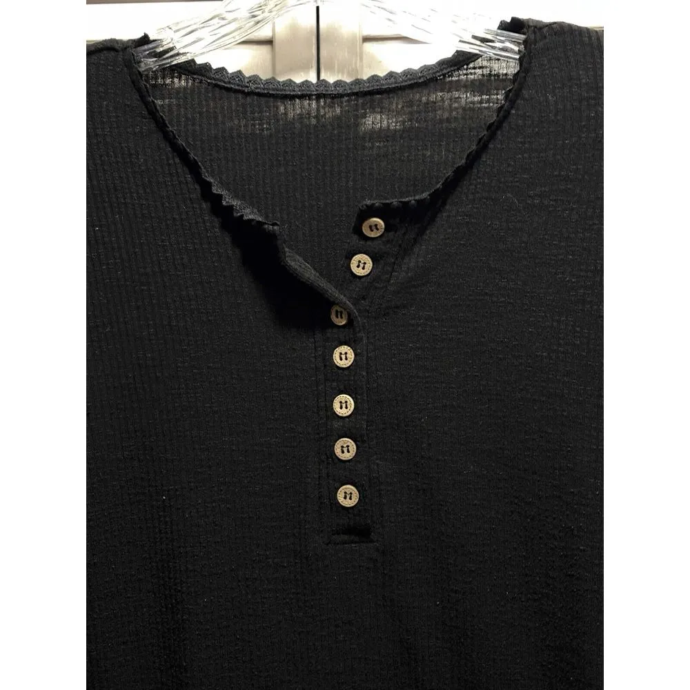 No Brand Black Ribbed Sweater Round Neck Long Crochet Sleeve Size M Buttons Size M - Image 2