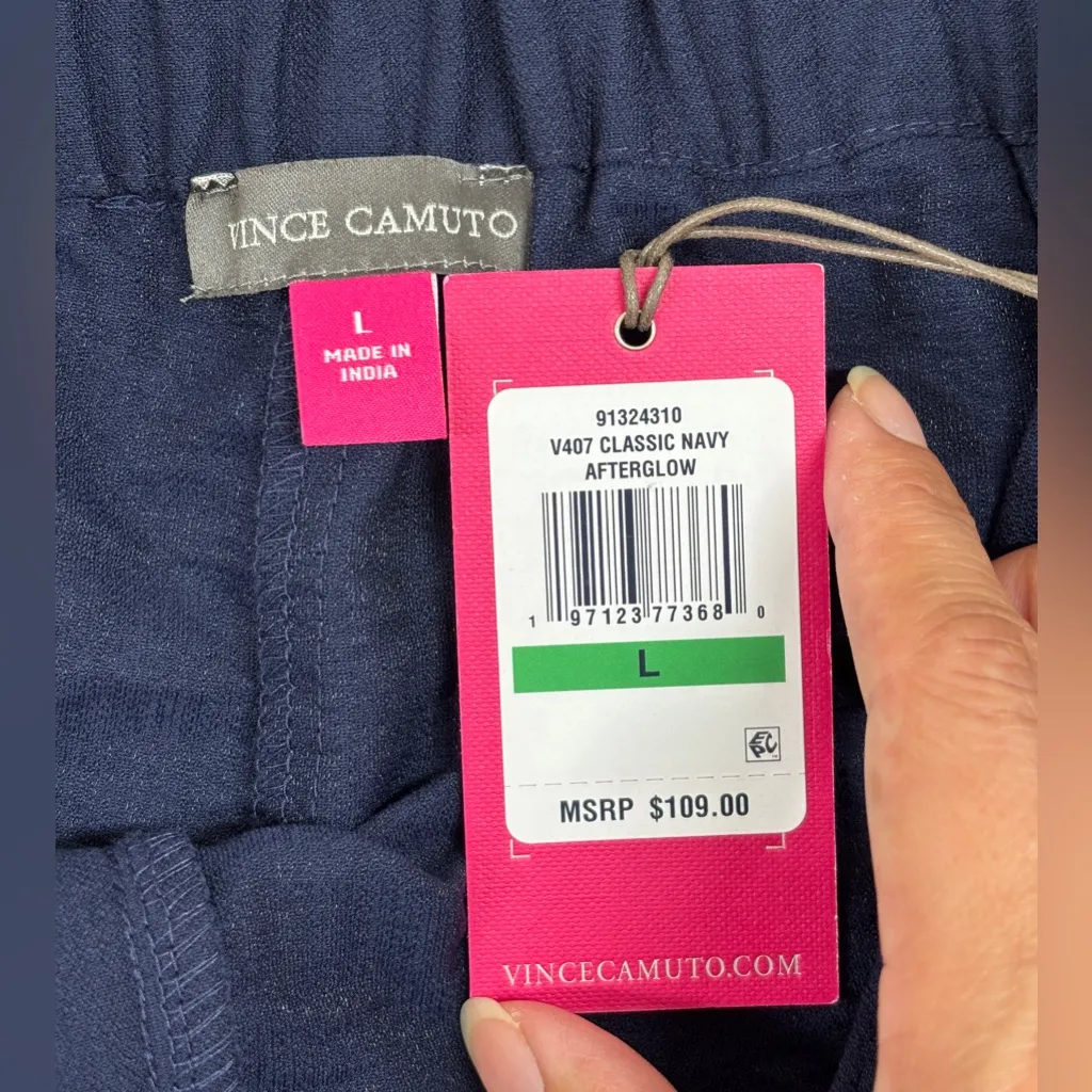 NWT Vince Camuto Women’s L Elastic-Back Wide Leg Twill Pants Trousers Navy - Image 3
