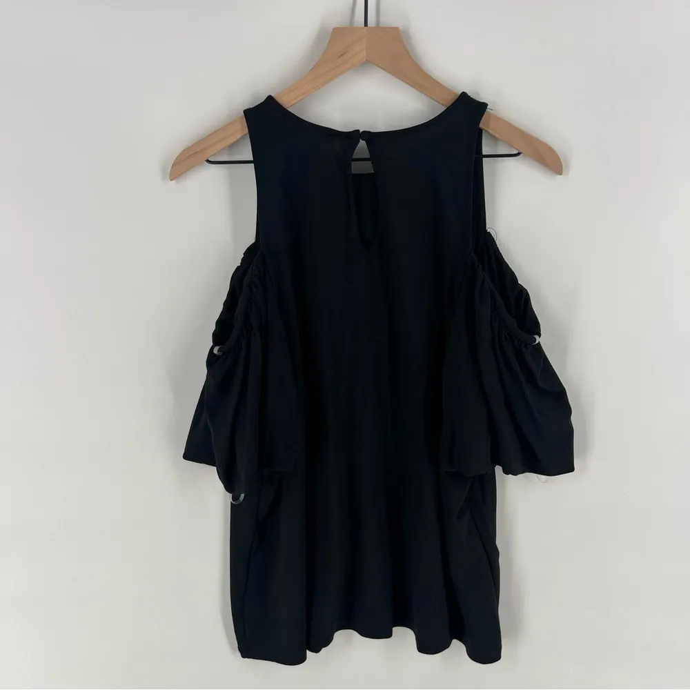 INC Black Stretch‎ Knit Puff Sleeve Cold Shoulder Blouse Size 1X - Image 7