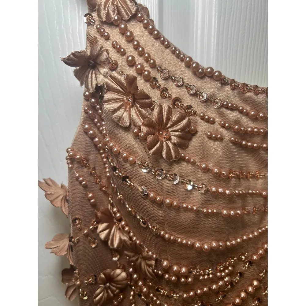 Handmade Beaded Mini Dress Medium Floral Applique Party Cocktail Dress Rose Gold Tan - Image 3