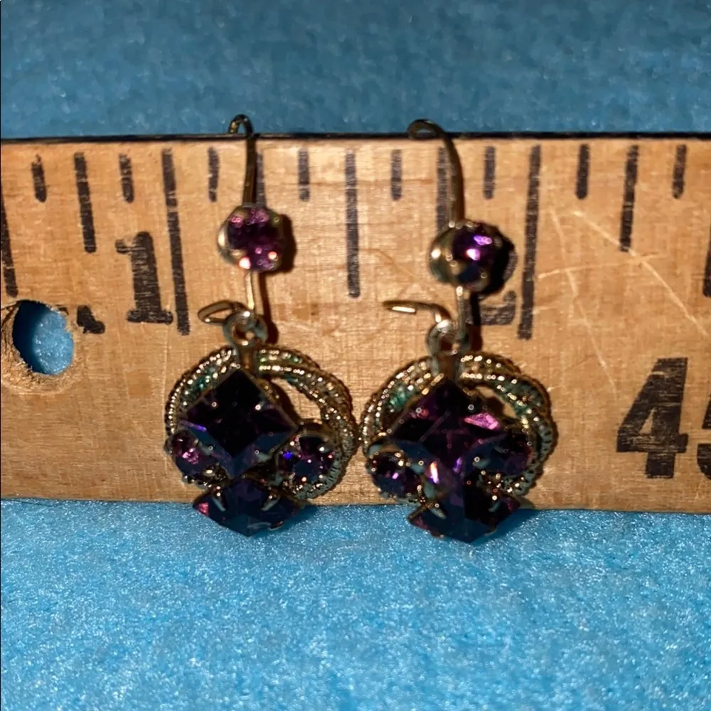 AMETHYST vintage rare antique faux cluster pierced wire earrings drop style gold - Image 7