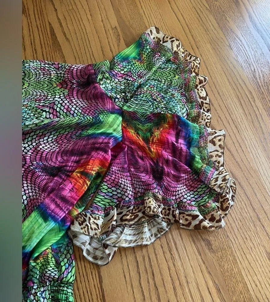 Jeff Gallano Paris Mixed Print Colorful Blouse Size 1 S/M V Neck Long Sleeve - Image 5