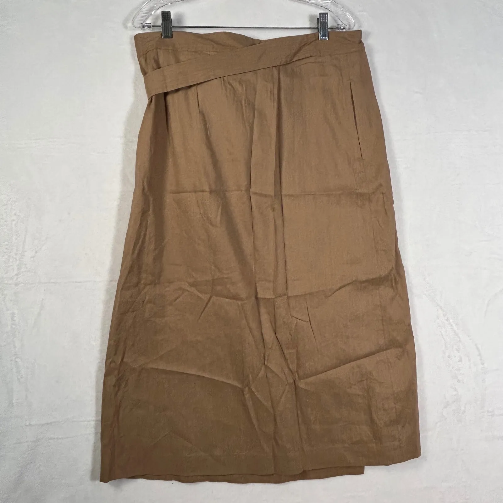 Vince Camel Linen Blend Wrap Midi Skirt Size 12 Belted Side Slit - Image 2