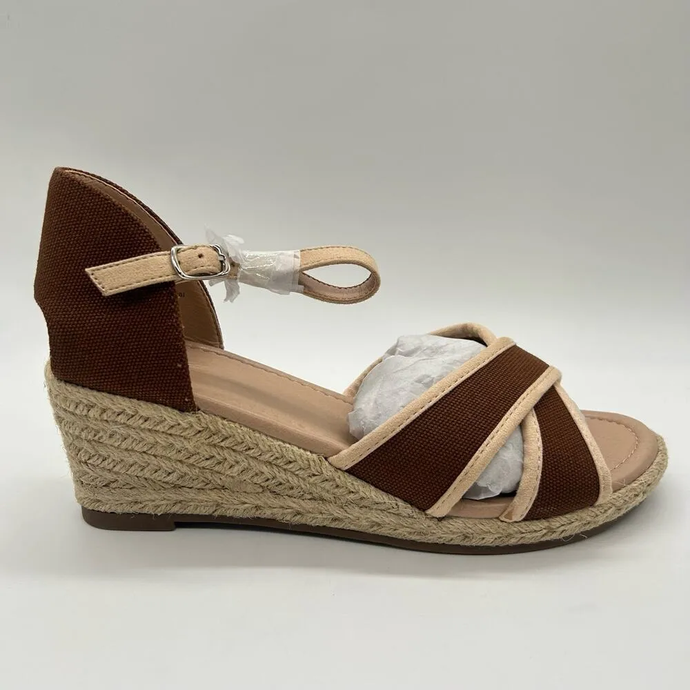 Journee Collection Sandal Womens 7.5‎ Brown Cream Espadrille Brene Wedge NEW - Image 3