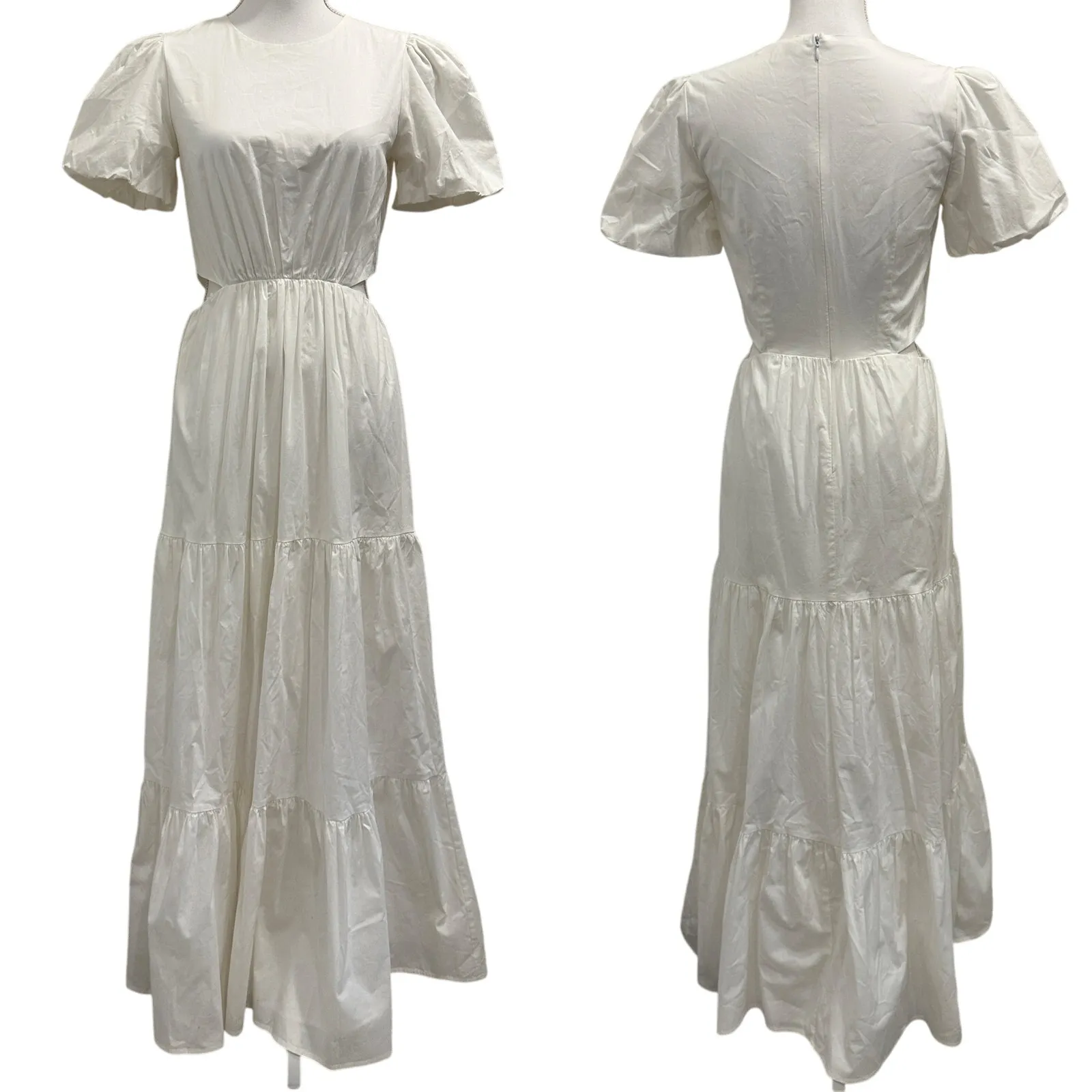 Wayf Plaza White Puff Sleeve Cut-Out Tiered Maxi Dress Cottagecore Bridal Hoco - Image 2