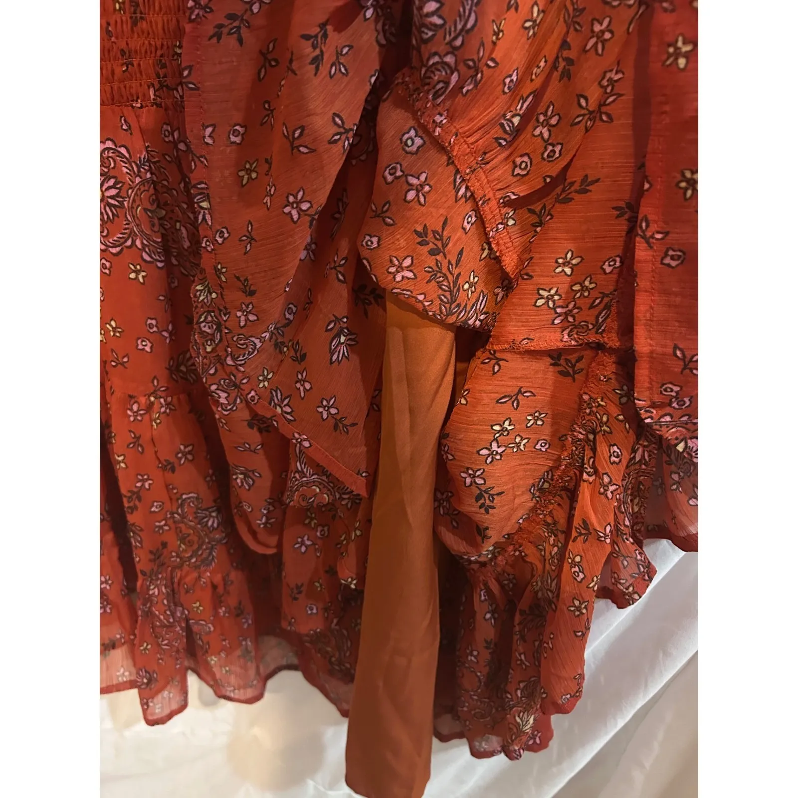 Patrons of Peace Red Fall Floral Smocked Square Neck Tiered Mini Dress Size S - Image 6