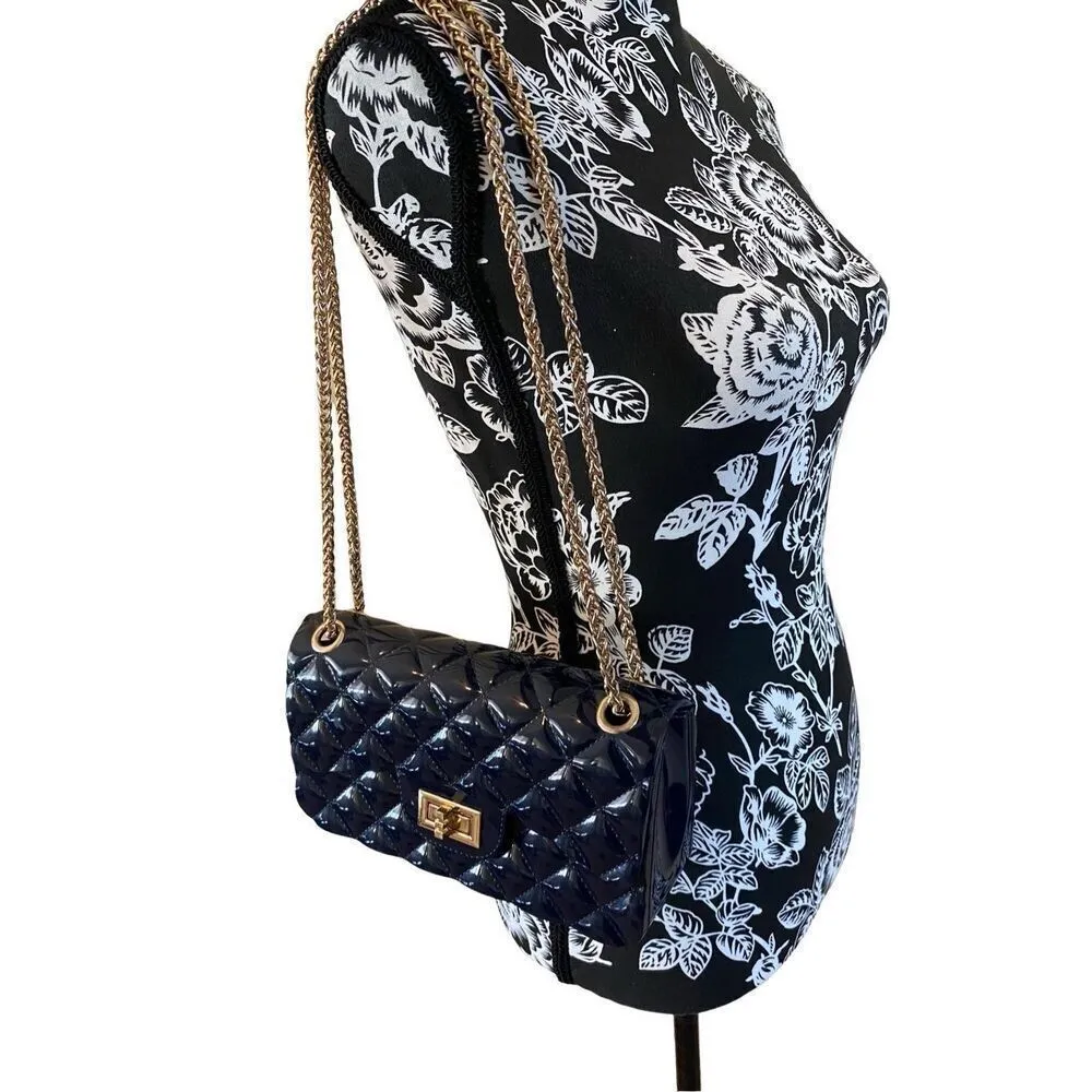 Blue Jelly Quilted Purse Shoulder Bag Turn Lock Closure Gold Tone Chain Shoulder - Image 3