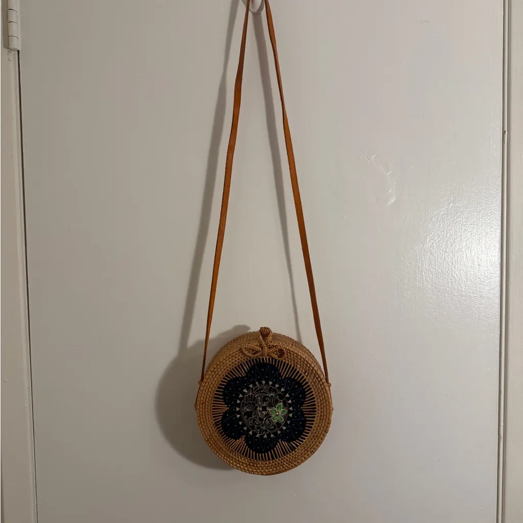 Bali Island Round Woven Rattan Bag with Floral Design Brown - Image 2