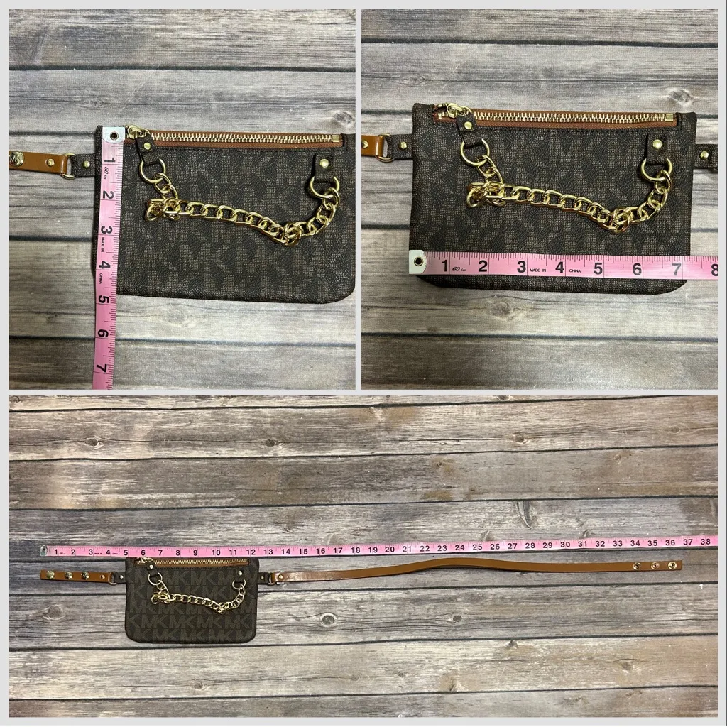 Michael Kors Brown Signature Monogram Chain Zipper Faux Leather Belt Bag Medium - Image 11
