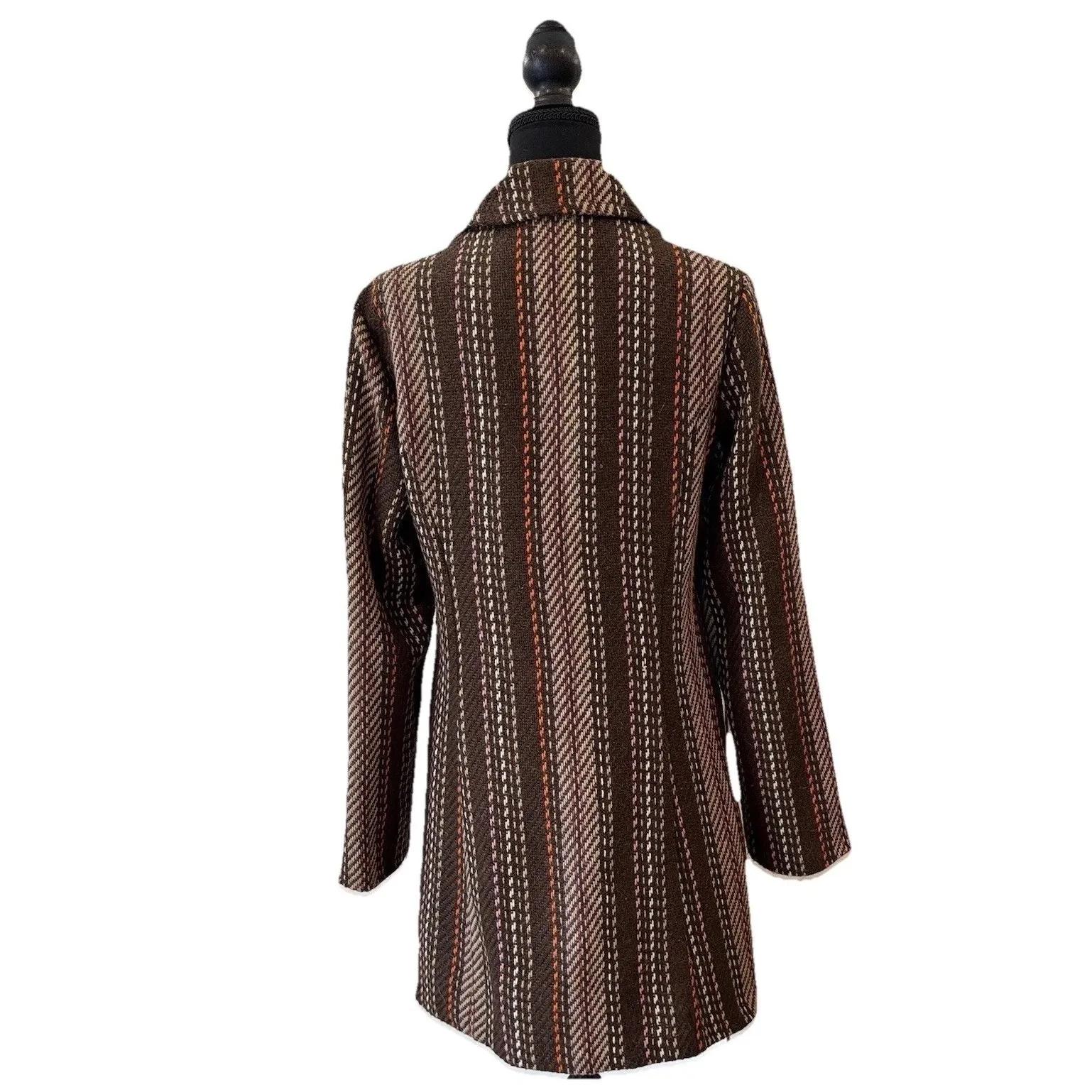 Karlie Striped Brown Coat Colorblock Buttons Textured Woven Size Large - Image 4