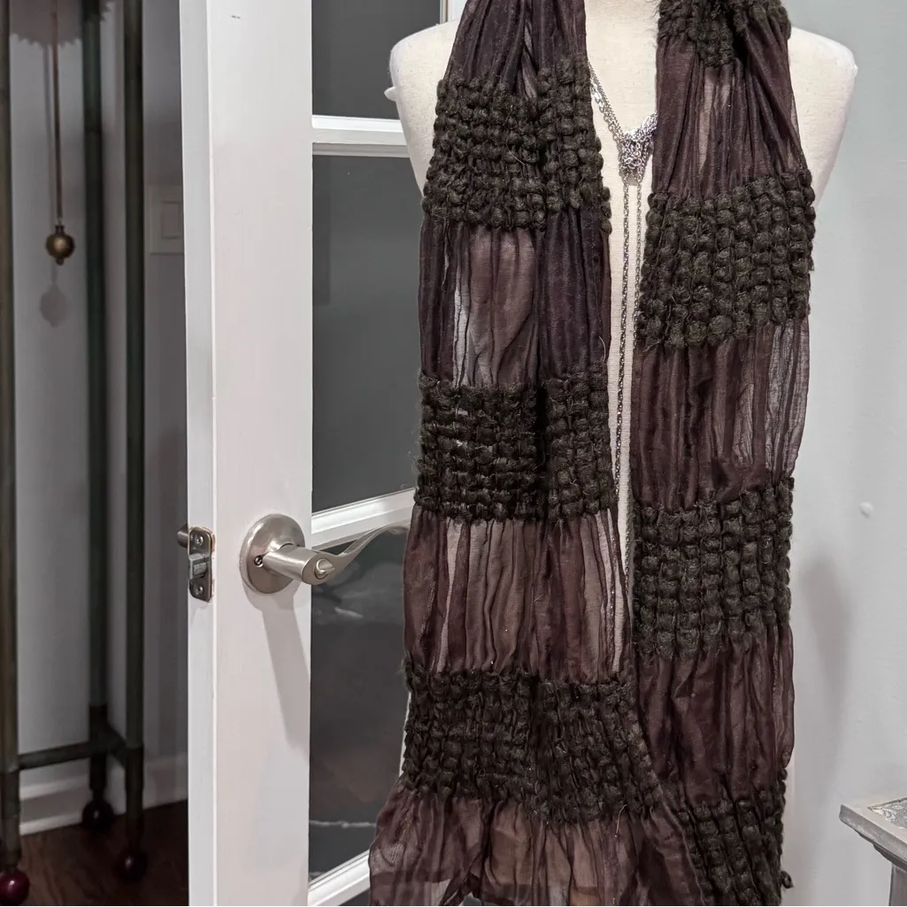 Dark Brown Ruched Scarf with Textured Sections Black - Image 2