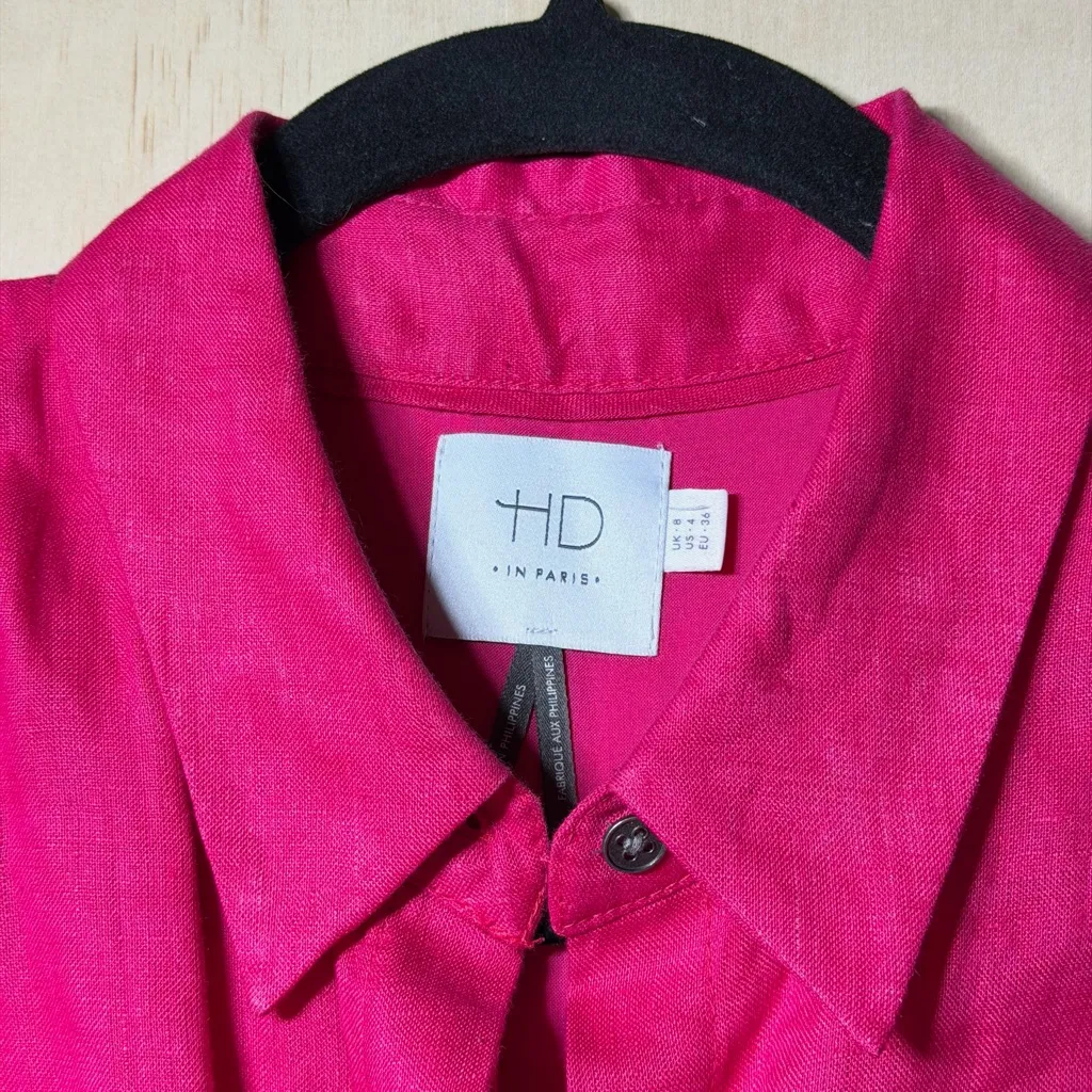 HD in Paris Sleeveless Linen Dress Pink Size 4 Tie Waist Button Front Lined - Image 3