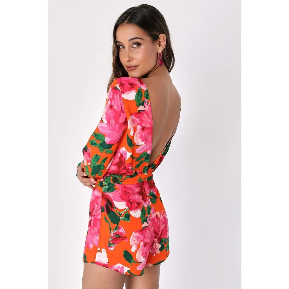 Lulus Sweetest Song Orange Floral Print Backless Long Sleeve Romper NWT Large - Image 2