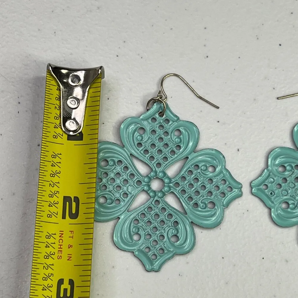 Ornate Filigree Mint Green Floral Earrings With Gold - Image 5