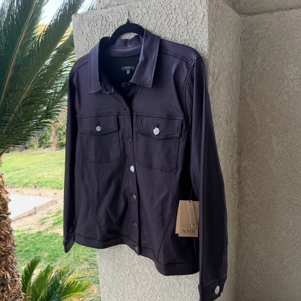 NWT🍆 NYDJ Purple Eggplant Coated Stretch Denim Jean Jacket Faux Leather, Size 0X - Image 4